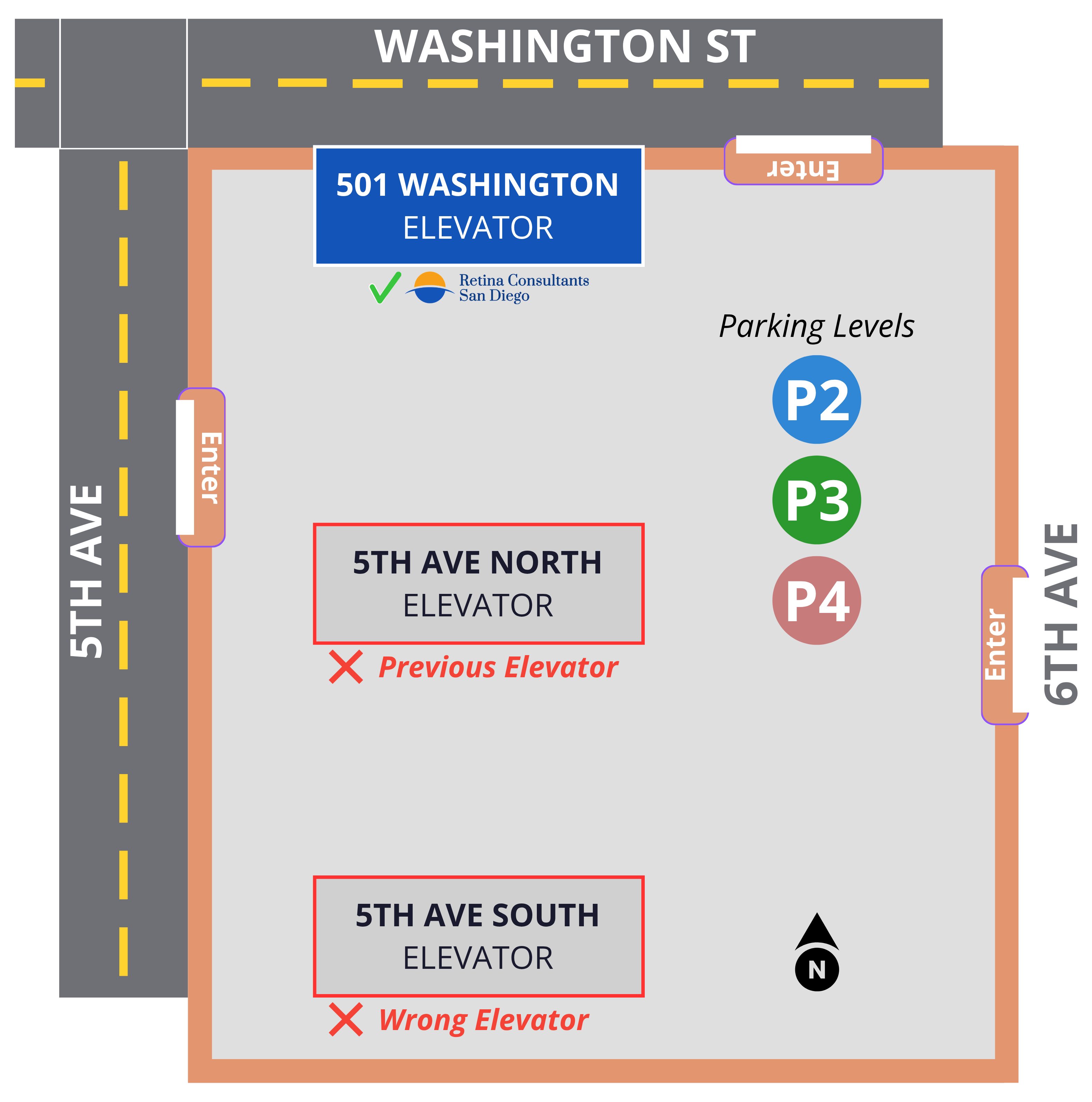 Parking garage map showing the 501 Washington Street elevator on the Washington Street side of the garage